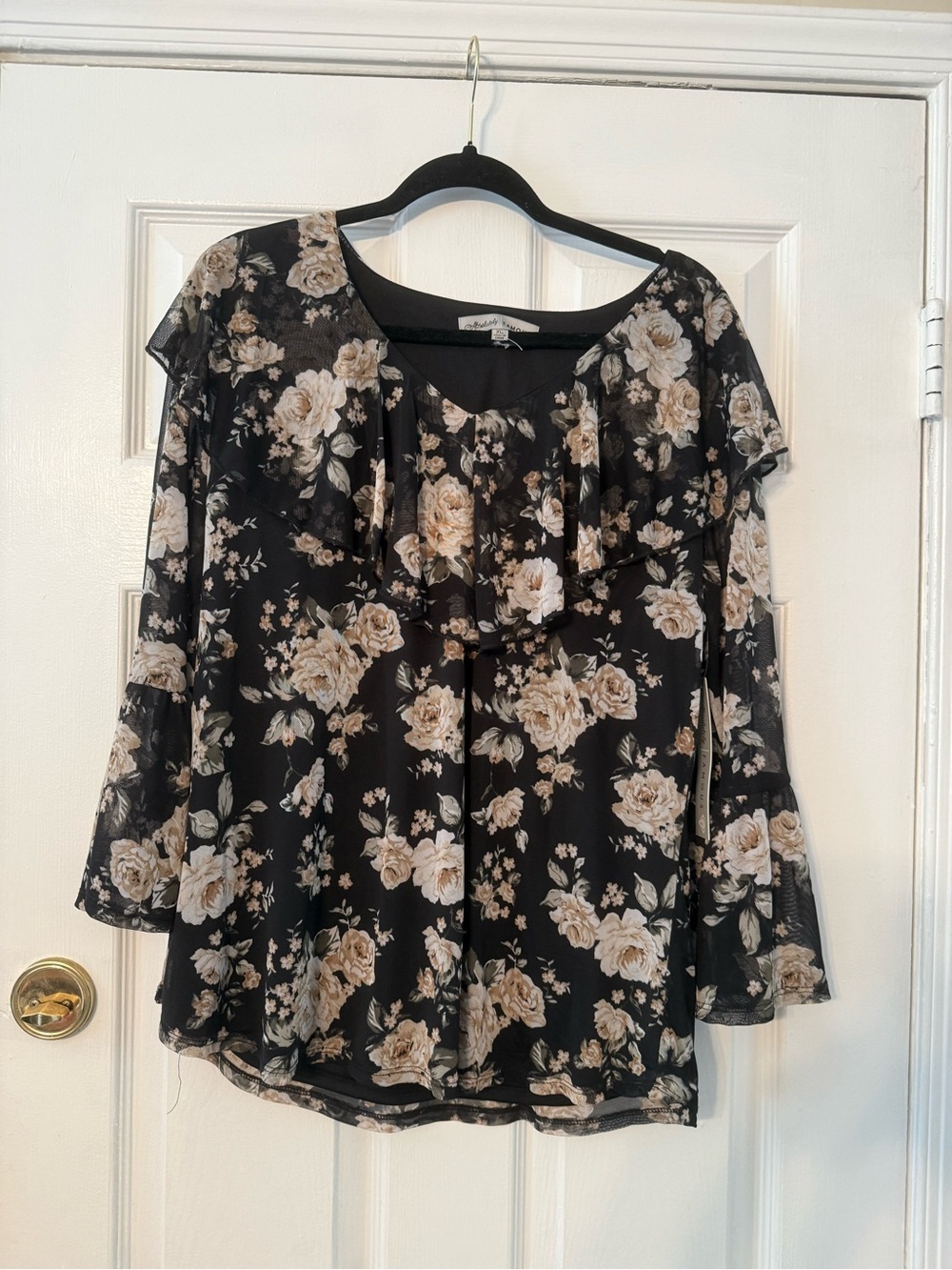 Absolutely Famous Black Floral Ruffle Neck Blouse